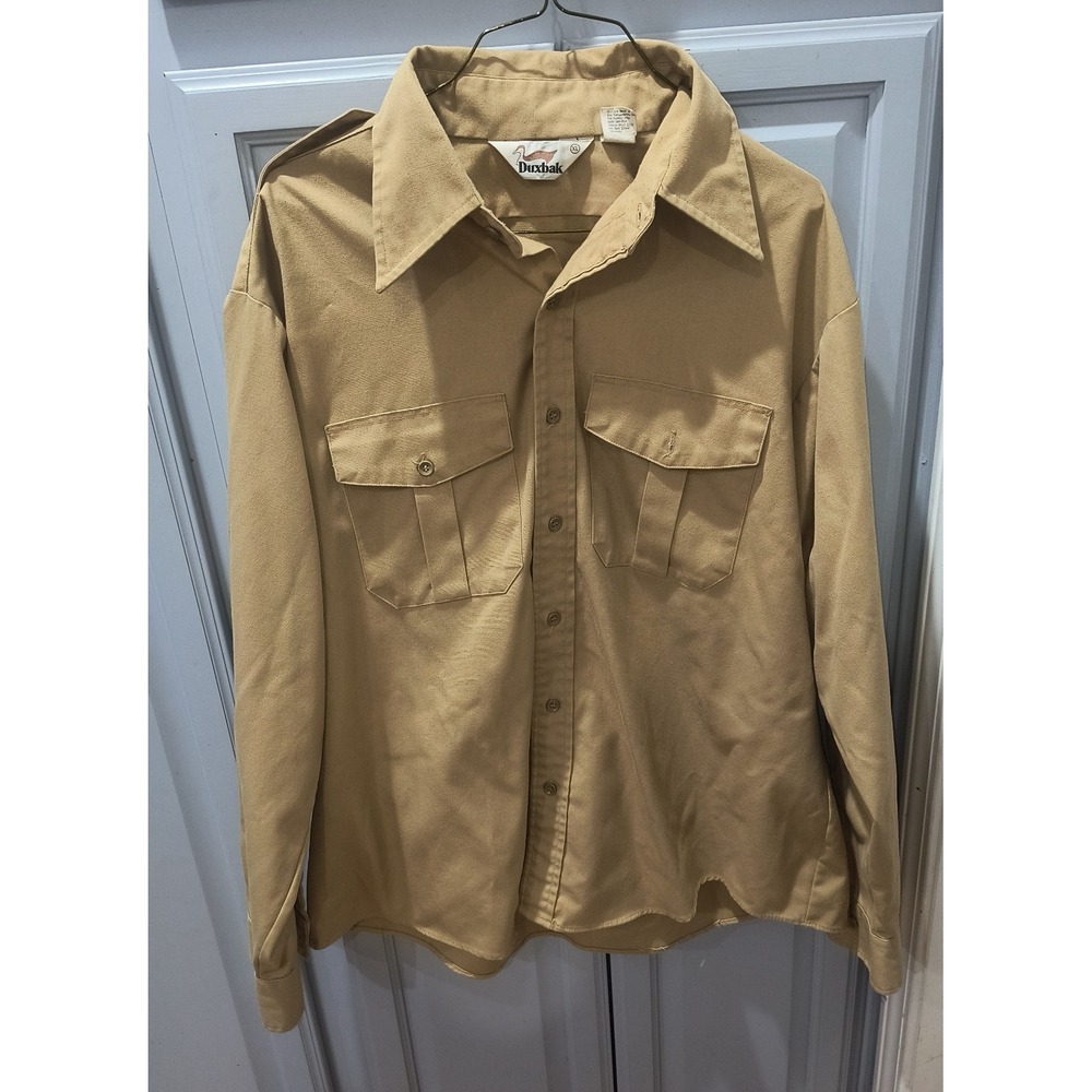 Vtg Duxbak Canvas Safari Hunting Shirt Mens XL Khaki Tan Utility Epaulets GUC